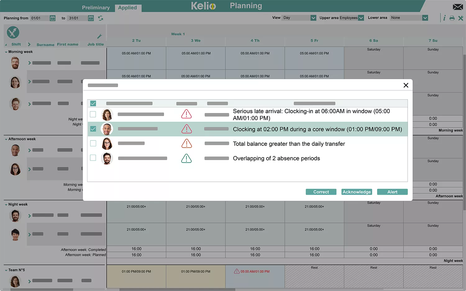 Kelio software planning screen for managers