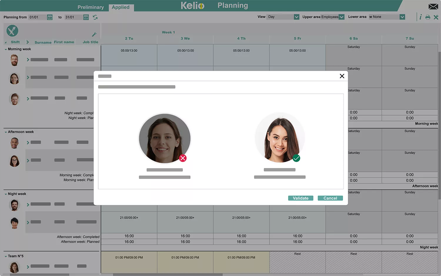 Kelio software planning screen for staff allocation