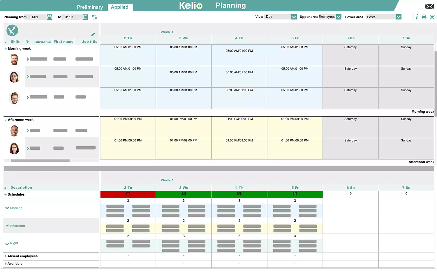 Kelio software planning screen with different views